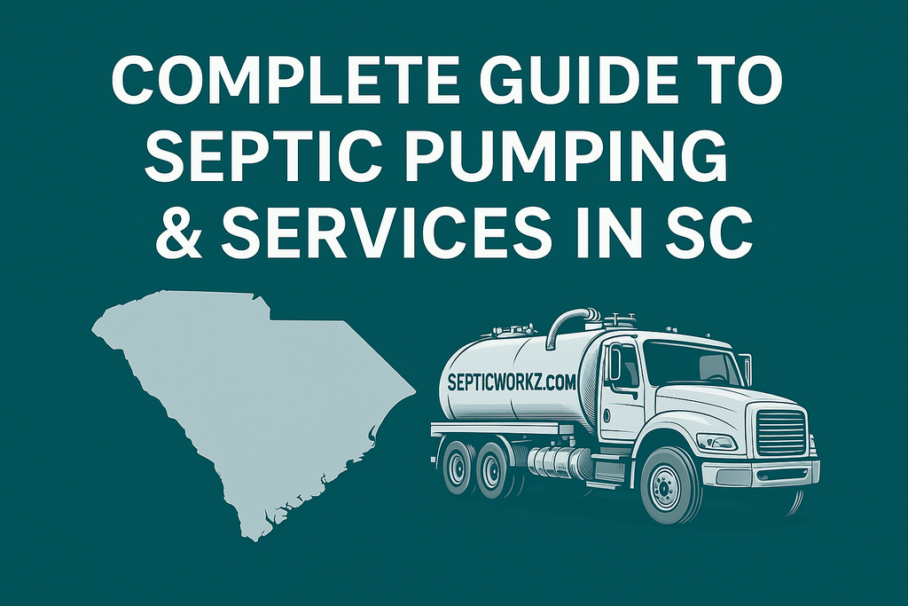 Header graphic showing South Carolina map outline with septic service truck and title ‘Complete Guide to Septic Pumping & Services in SC