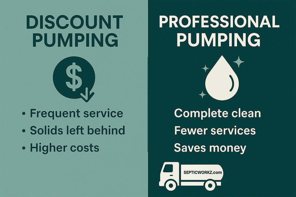 Comparison graphic showing discount septic services leaving solids vs professional complete cleaning reducing costs