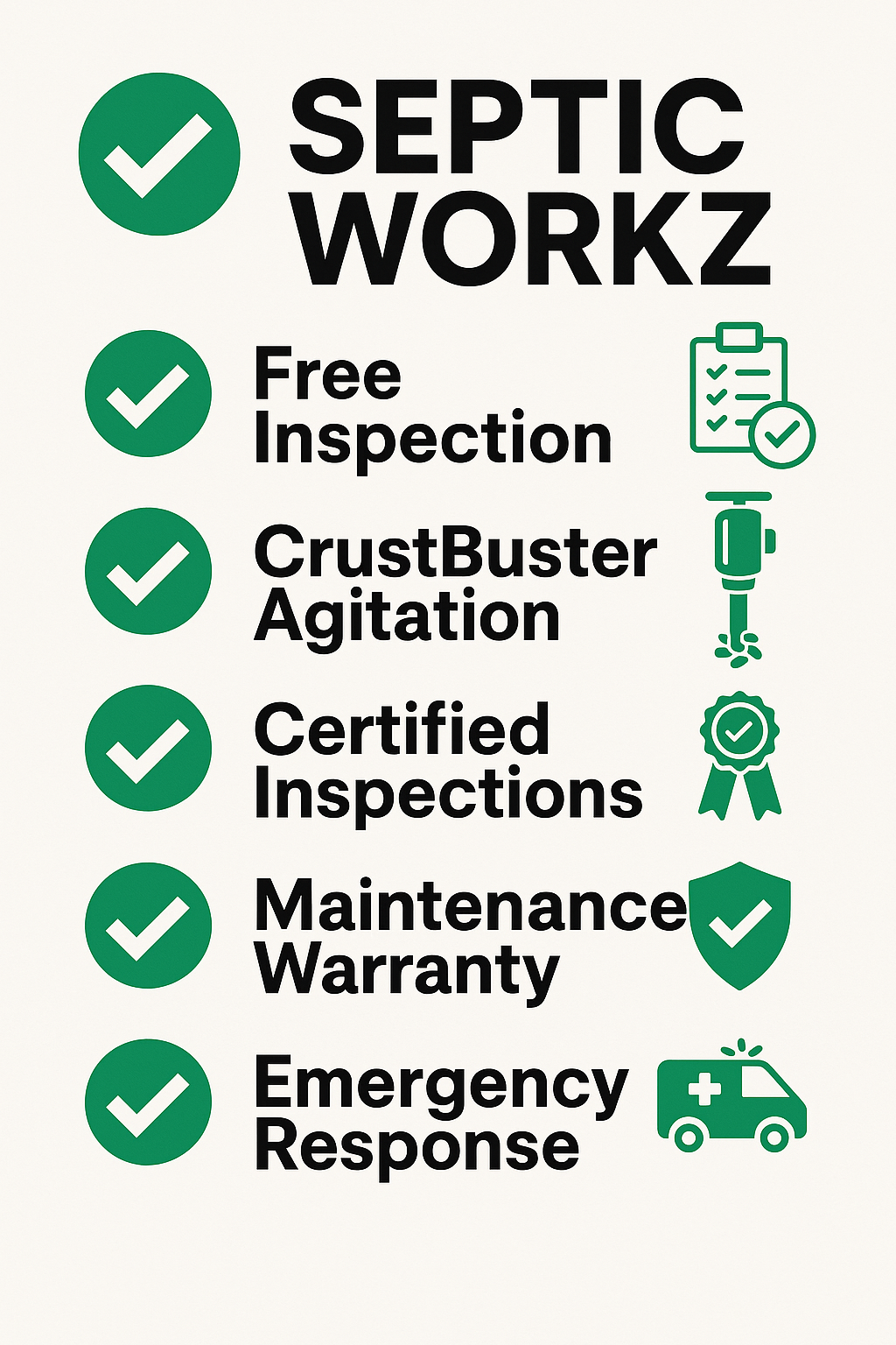 Infographic checklist showing Septic Workz benefits: free inspection, Crustbuster agitation, certified inspections, maintenance warranty, emergency response