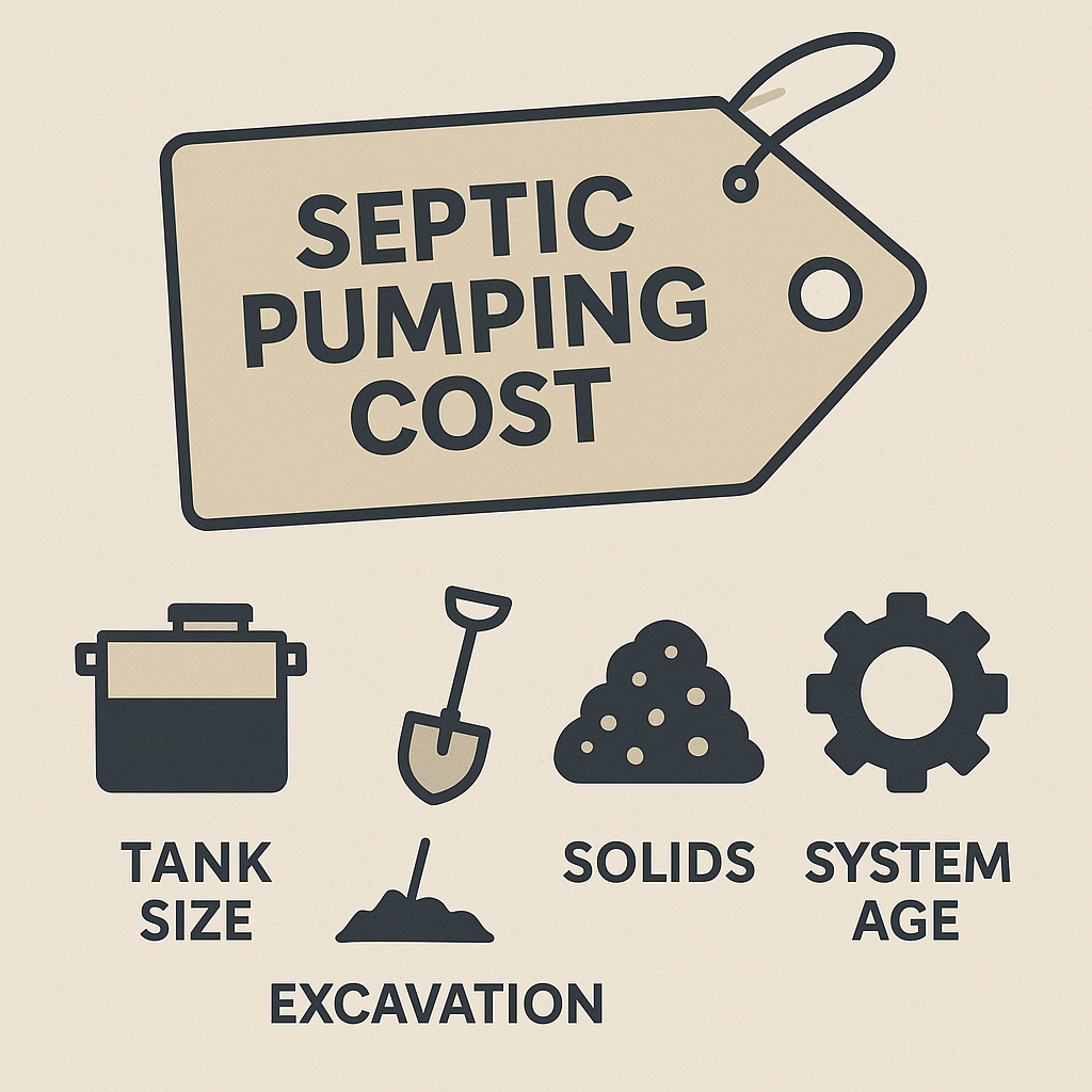 “Infographic of septic pumping cost with a beige price tag labeled ‘Septic Pumping Cost’ and four icons below showing tank size, excavation, solids, and system age as key factors