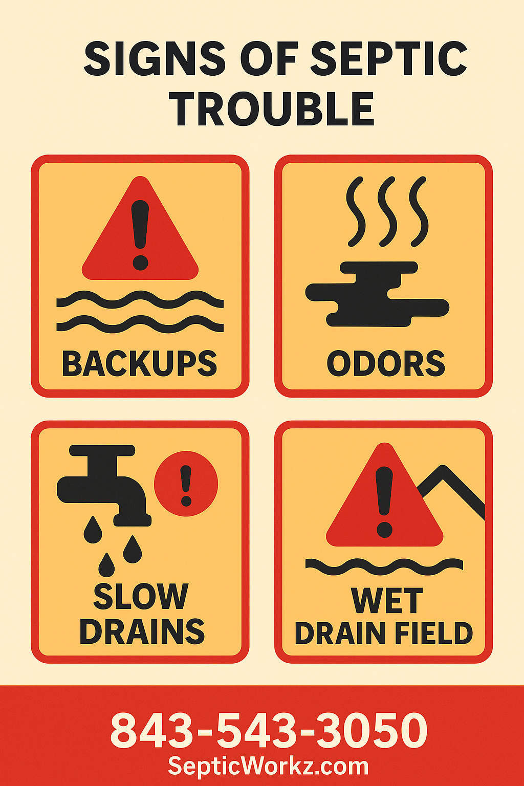Infographic showing signs of septic trouble: backups, odors, slow drains, and wet spots over drain field.