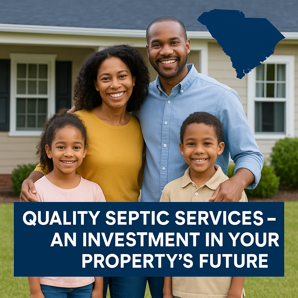 Family in front of South Carolina home with tagline ‘Quality Septic Services – An Investment in Your Property’s Future.
