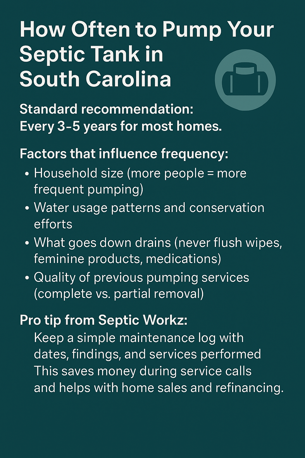 Infographic titled ‘How Often to Pump Your Septic Tank in South Carolina.’ Standard recommendation: pump every 3–5 years for most homes. Lists factors influencing frequency: household size, water usage patterns, garbage disposal use, what goes down drains, and quality of previous pumping services. Includes a pro tip from Septic Workz: keep a maintenance log with dates, findings, and services performed