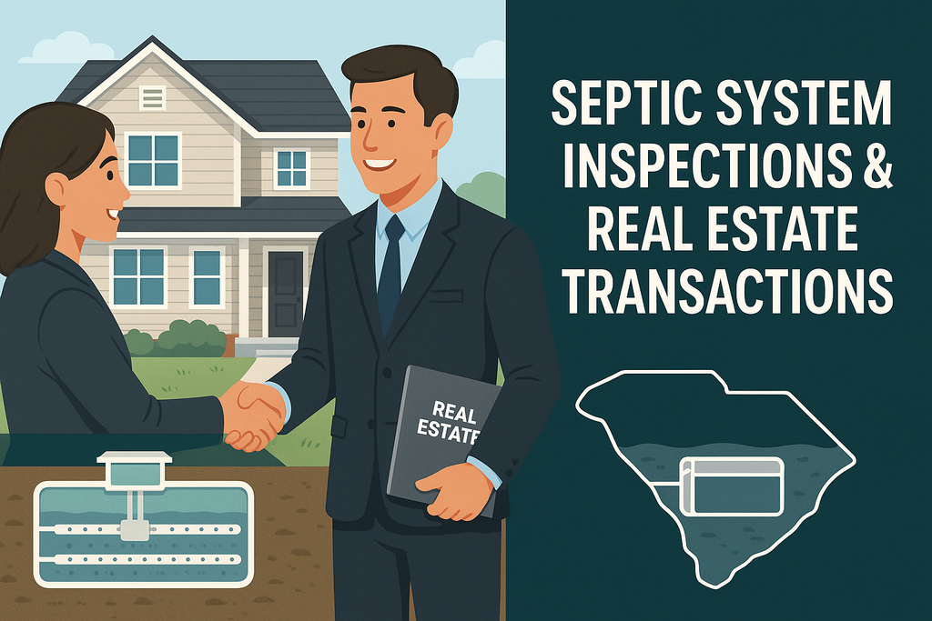 Header graphic with real estate agent shaking hands in front of home, septic system diagram overlay, title banner.