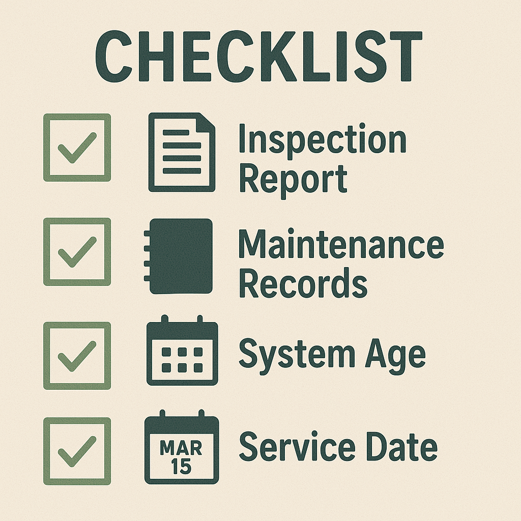 Infographic checklist for property listing prep with septic: inspection report, maintenance records, system age, service date