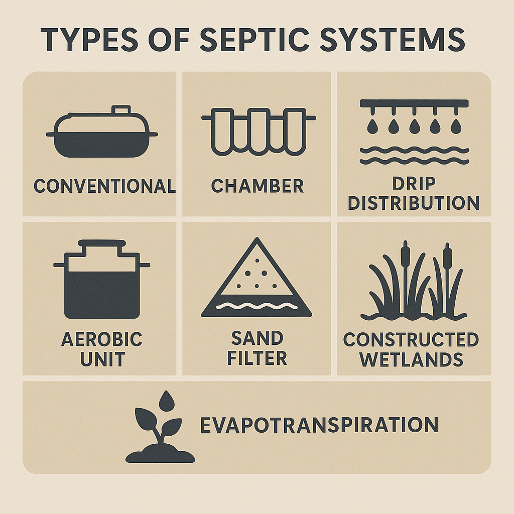 Infographic grid showing types of septic systems: conventional, chamber, drip distribution, aerobic treatment, sand filter, evapotranspiration, constructed wetlands.”