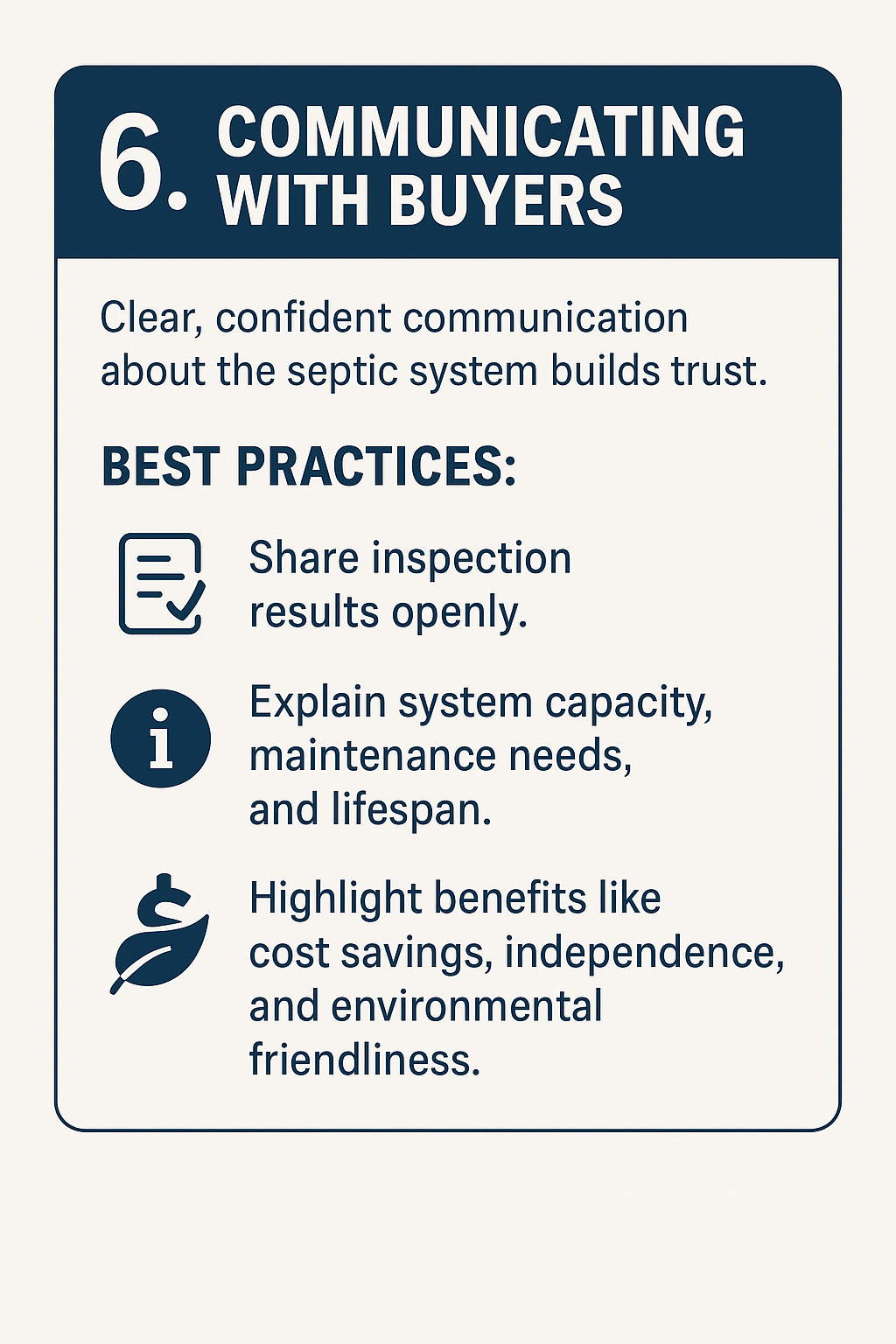 Infographic titled ‘Communicating with Buyers’ showing best practices for septic system communication: share inspection results, explain system capacity and lifespan, and highlight benefits such as cost savings, independence, and environmental friendliness, with icons for checklist, information, and eco-friendly savings.