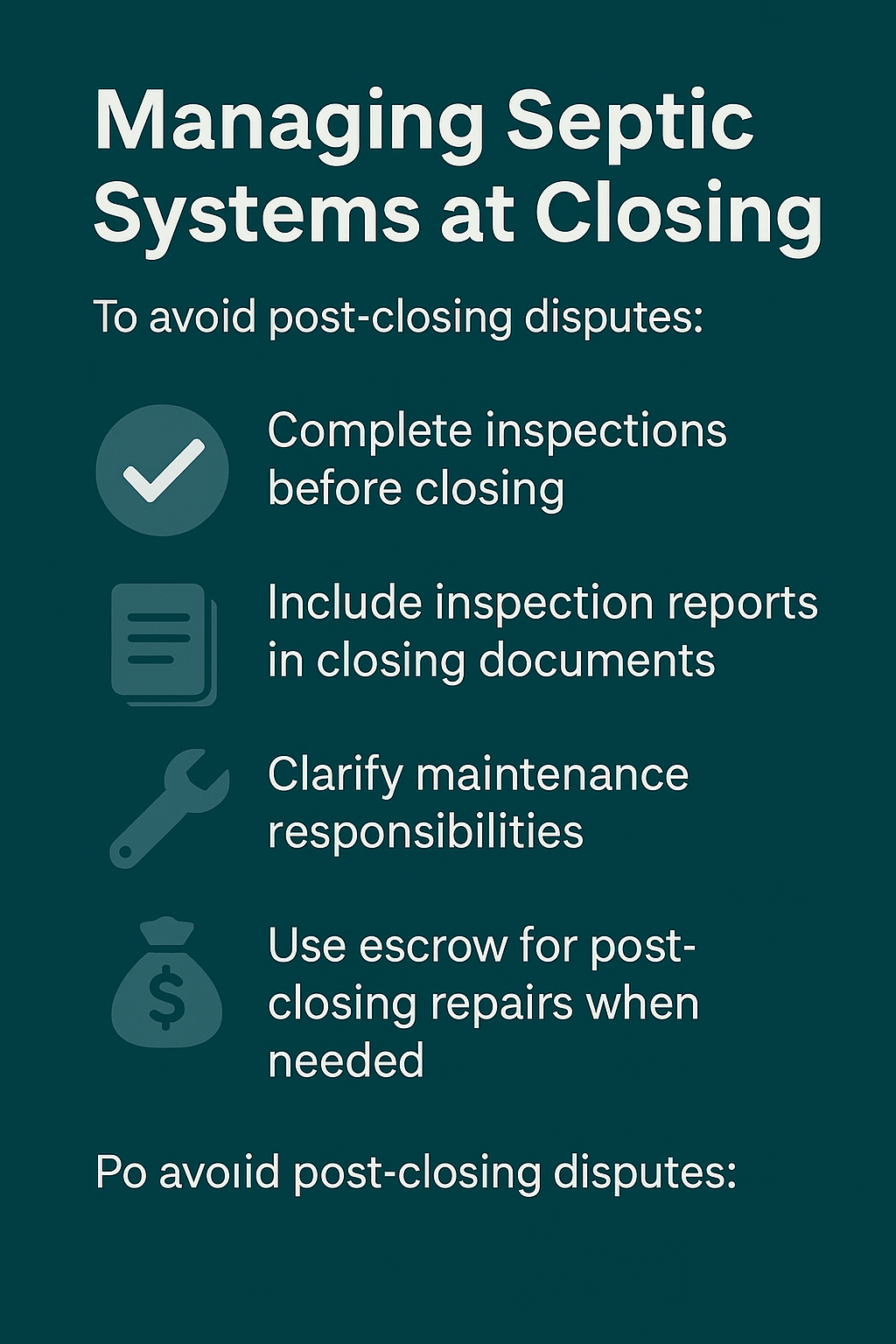 Infographic titled ‘Managing Septic Systems at Closing.’ Text: To avoid post-closing disputes. Checklist items with icons: Complete inspections before closing (checkmark icon), Include inspection reports in closing documents (document icon), Clarify maintenance responsibilities (wrench icon), Use escrow for post-closing repairs when needed (money bag icon).”