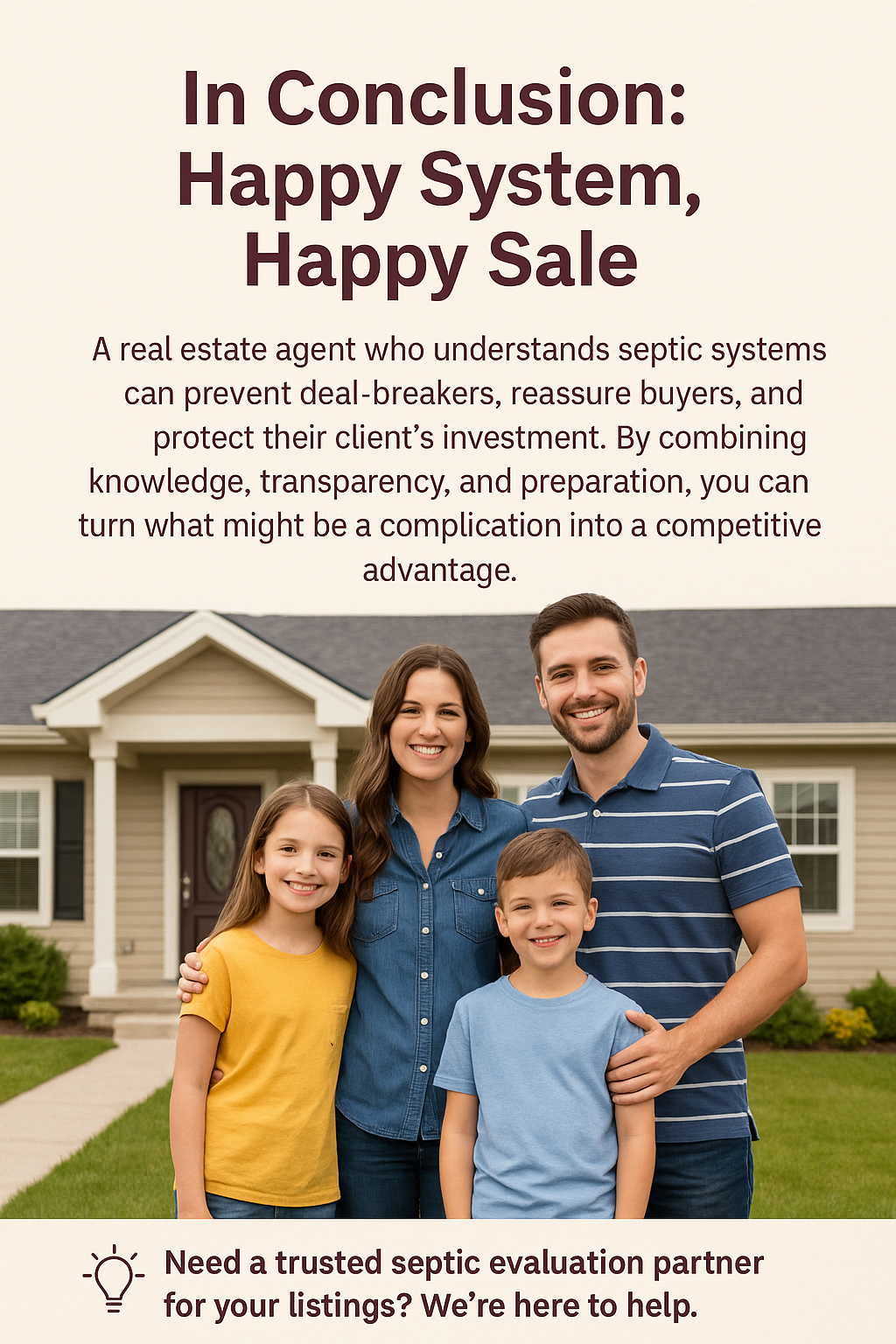 Promotional real estate graphic with headline ‘In Conclusion: Happy System, Happy Sale’ above a smiling family standing in front of their home. Text explains that understanding septic systems helps agents prevent deal-breakers and build buyer confidence. Footer tagline reads: ‘Need a trusted septic evaluation partner for your listings? We’re here to help.’”