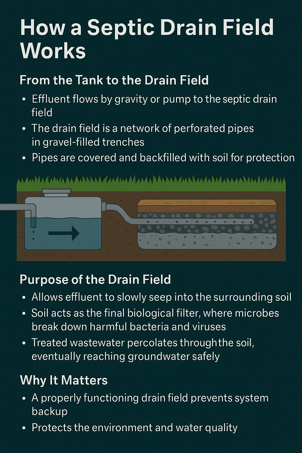 Infographic titled ‘How a Septic Drain Field Works.’ Illustration shows wastewater flowing from a septic tank into a drain field with perforated pipes in gravel trenches covered by soil. Text explains that the drain field allows effluent to seep into soil, where microbes act as the final biological filter, breaking down harmful bacteria and viruses. Treated water percolates to groundwater. Key benefits listed: prevents septic system backup and protects the environment and water quality.