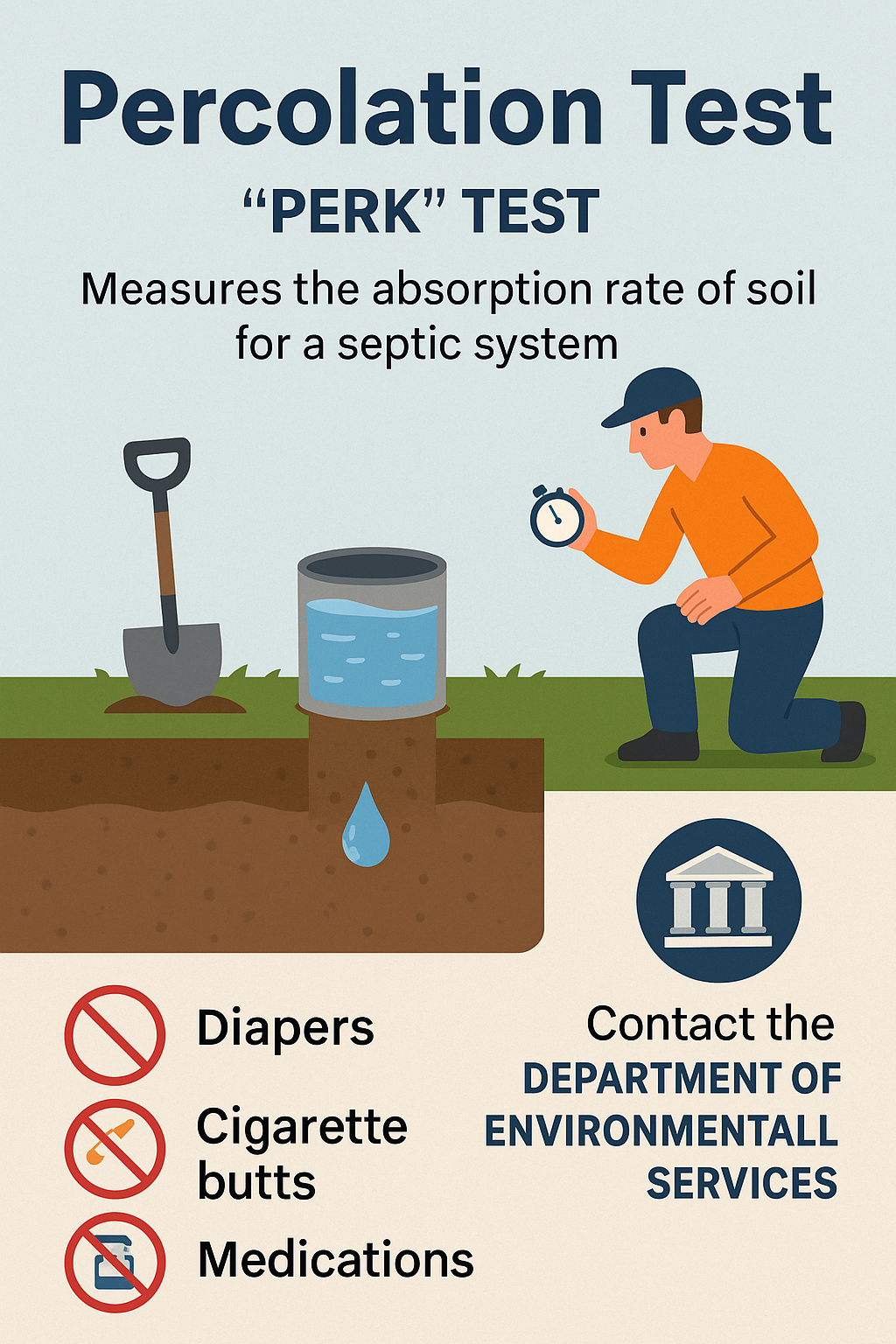 Infographic titled ‘Percolation Test (PERK Test)’ showing a technician with a stopwatch measuring soil absorption in a dug test hole filled with water. Illustration includes a shovel, water percolating through soil, and a reminder to contact the Department of Environmental Services for certified septic system testing.