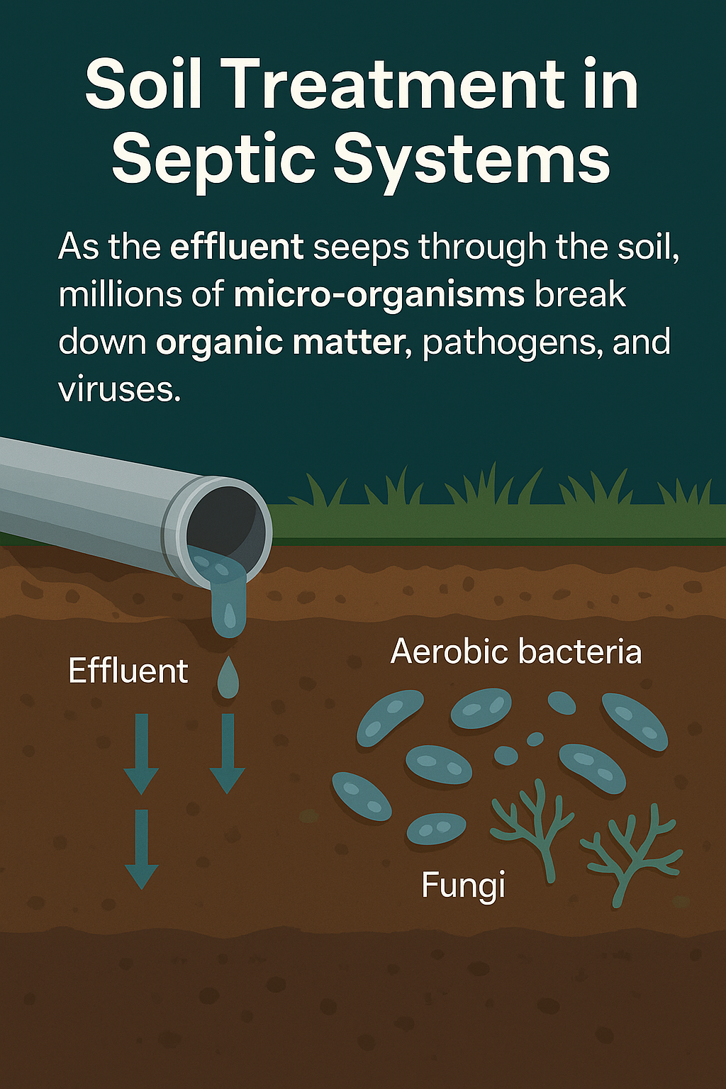 Infographic titled ‘Soil Treatment in Septic Systems.’ Illustration shows effluent seeping into soil layers where aerobic bacteria and fungi break down organic matter, pathogens, and viruses. Text explains that millions of microorganisms purify wastewater as it moves through the soil before reaching groundwater