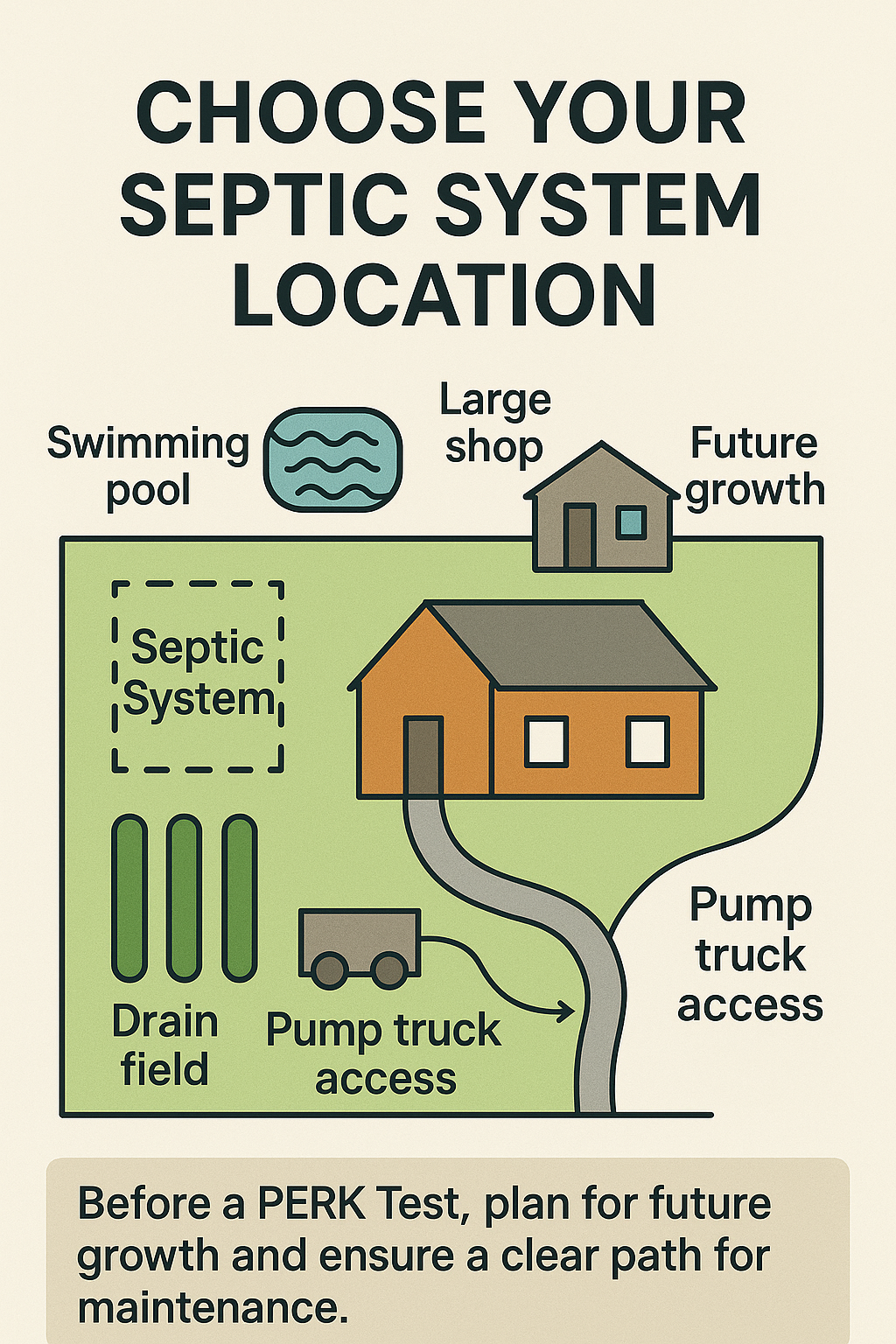 Infographic showing property layout for septic system planning before a PERK test, with labeled areas: house, septic system, drain field, swimming pool, large shop, future growth, and pump truck access, plus reminder to plan for growth and maintenance.”