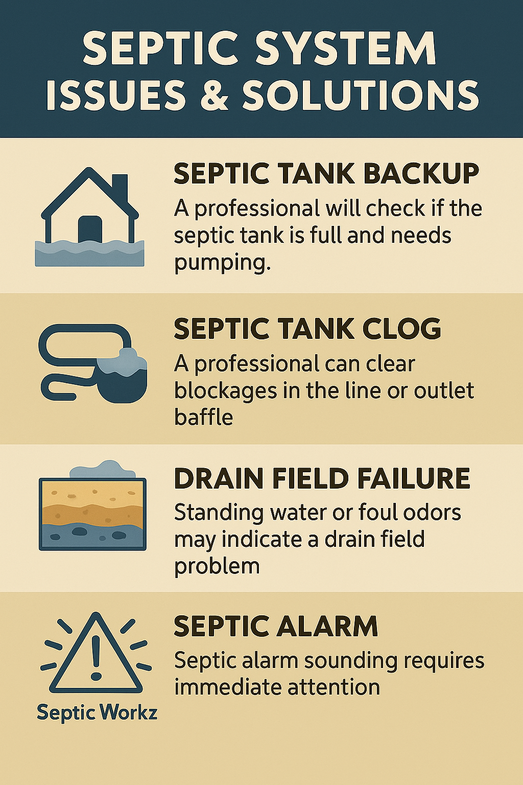 Septic Workz infographic showing common septic system issues and solutions: septic tank backup, septic tank clog, drain field failure, and septic alarm requiring professional inspection and repair.