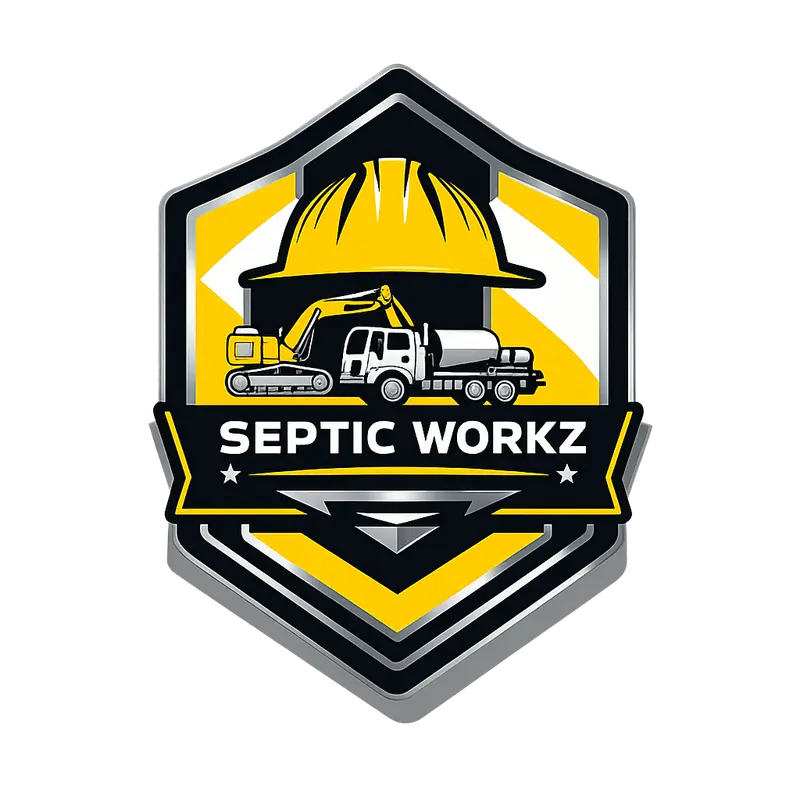 SepticWorkz shield logo featuring a yellow hard hat, excavator, and pump truck — South Carolina septic professionals