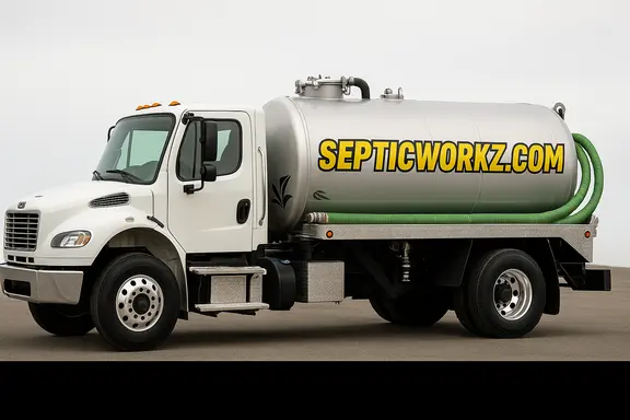White SepticWorkz branded pump truck with stainless steel tank — licensed septic services across South Carolina