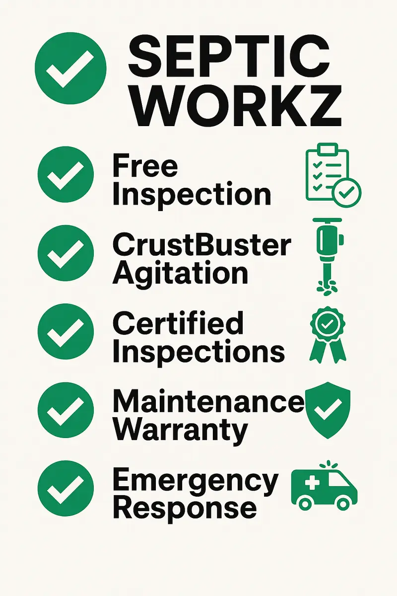 Septic Workz benefits checklist infographic showing professional service advantages