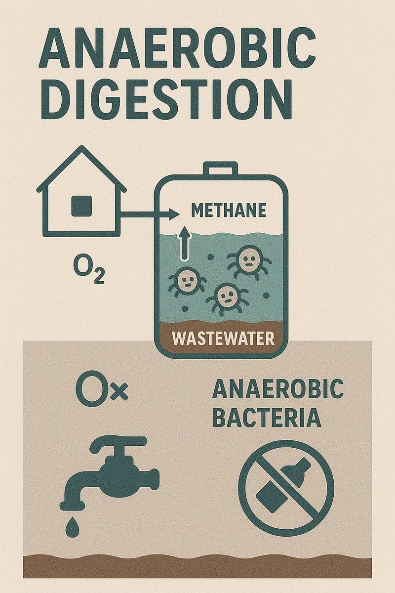 Anaerobic digestion process in septic tanks showing bacterial decomposition