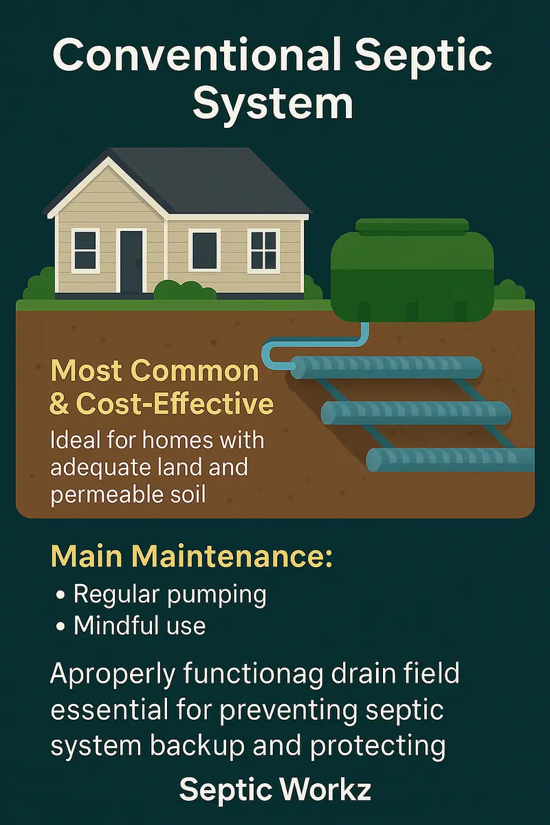 Conventional septic system diagram showing tank and gravity-fed drain field