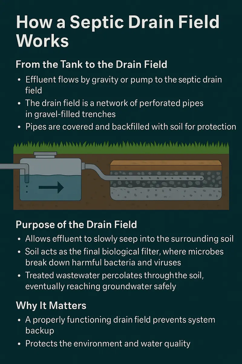 How a septic drain field works diagram showing effluent treatment through soil
