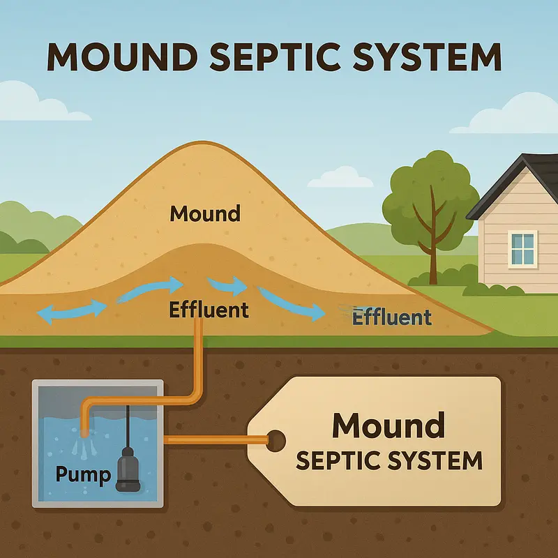 Mound septic system diagram showing raised sand and gravel bed construction